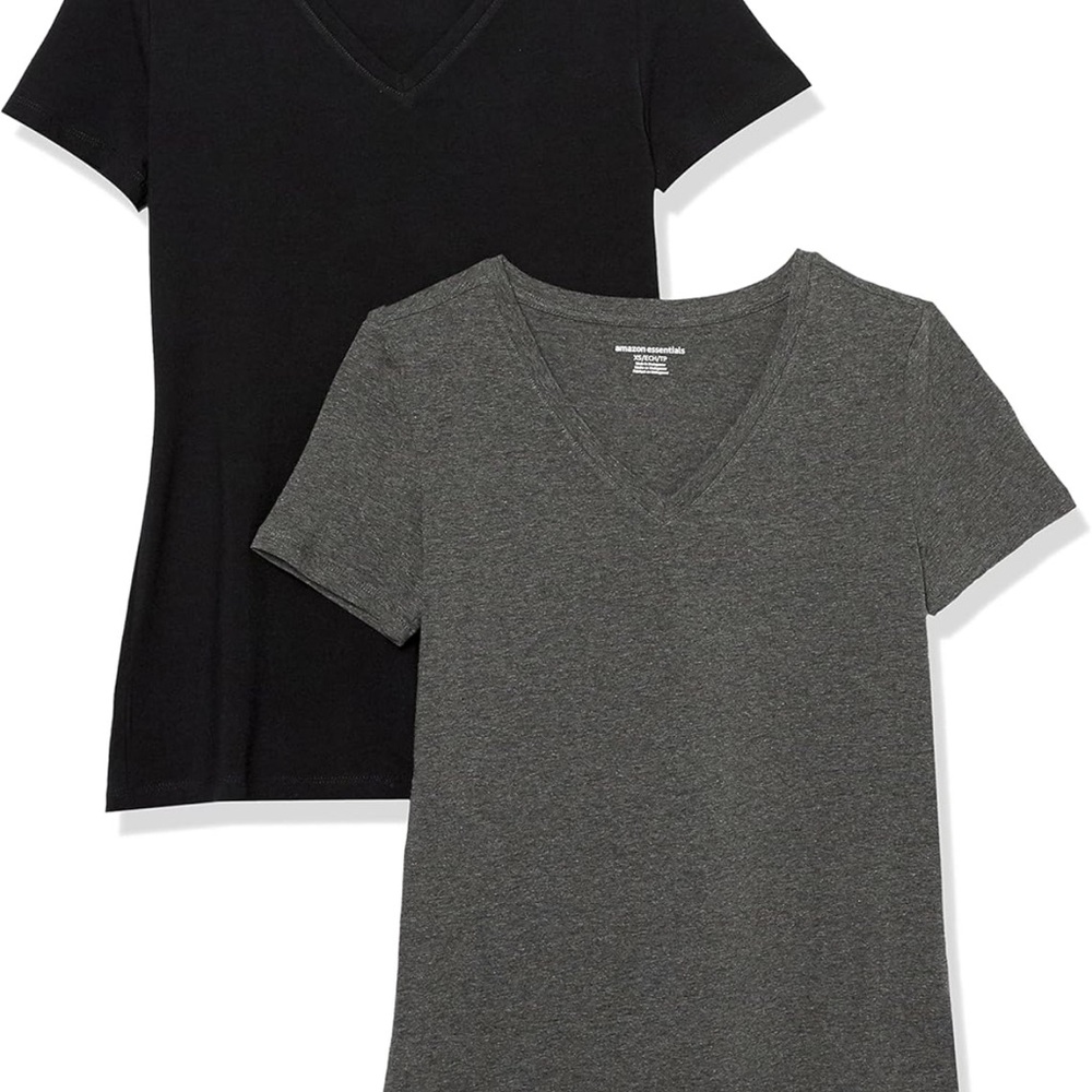 4 pack Amazon Essentials Women's V-Neck Short Sleeve Tees - 2 Black/2 Charcoal
